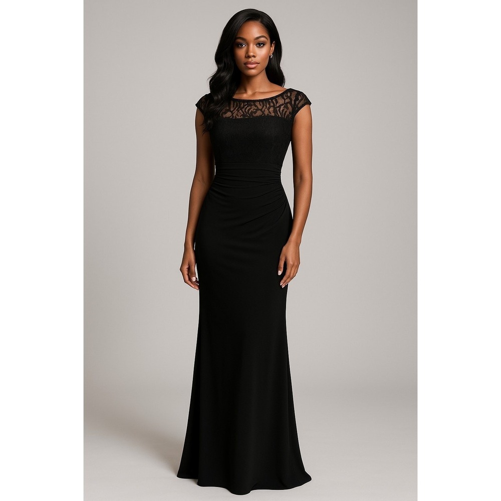 R&M Richards Womens Black Lace Illusion Neck Ruched Evening Gown Dress Size 6